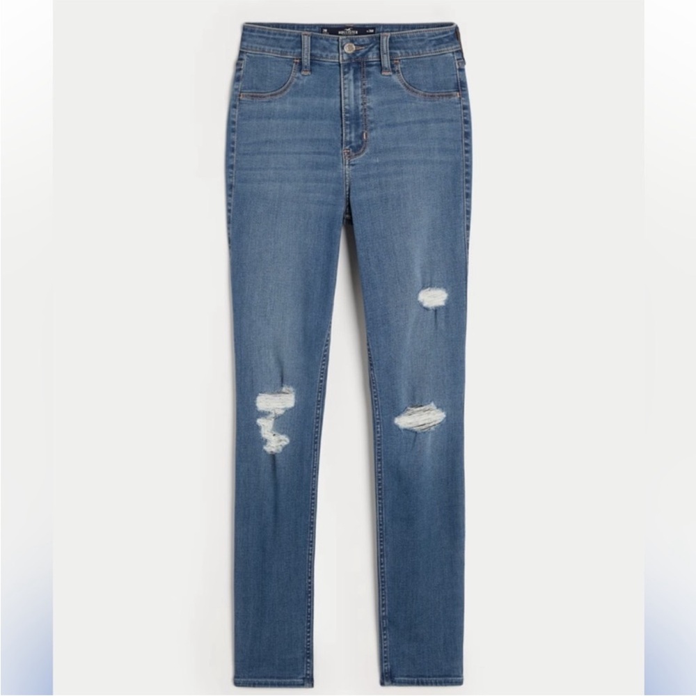 Hollister Women's high rise ripped medium wash jean leggings size 17R 33x23